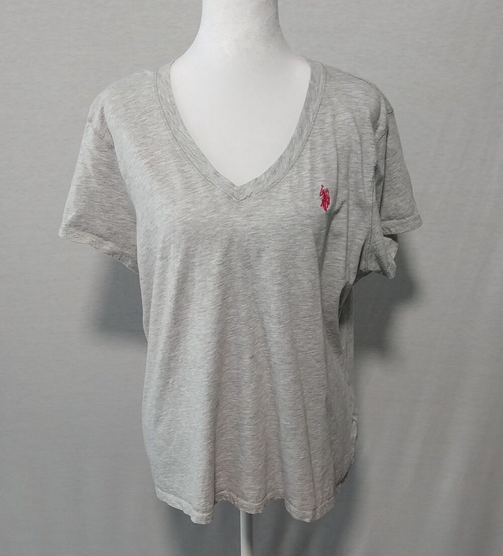 U.S. Polo Assn Women's V-Neck T-Shirt Gray Short Sleeve Red Pony Logo Size XXXL